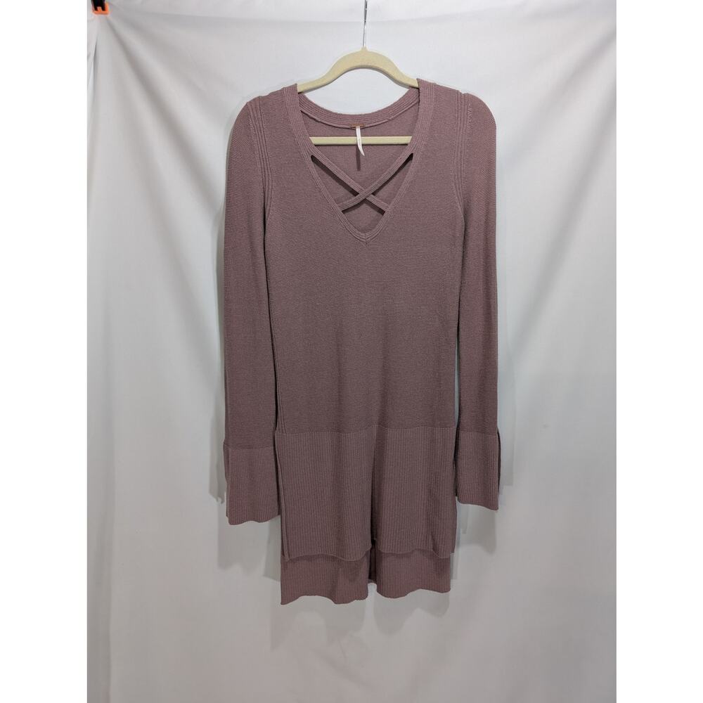 Free People Mauve Knit Tunic Dress Crisscross V Neck‎ Long Sleeve Size Small